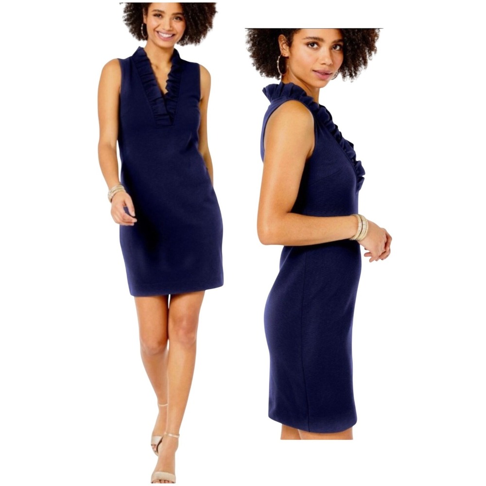 Lilly Pulitzer Tisbury Sleeveless Ruffle Neck Shift Dress True Navy Blue XXS